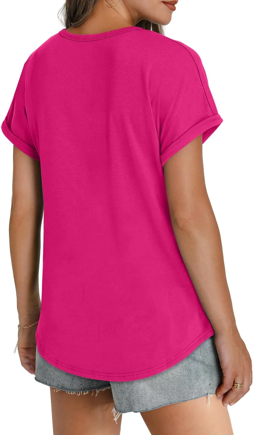 WEESO Womens T Shirts Crew Neck Rolled Short Sleeve Basic Summer Tops 2025 Casual Tees Curved Hem