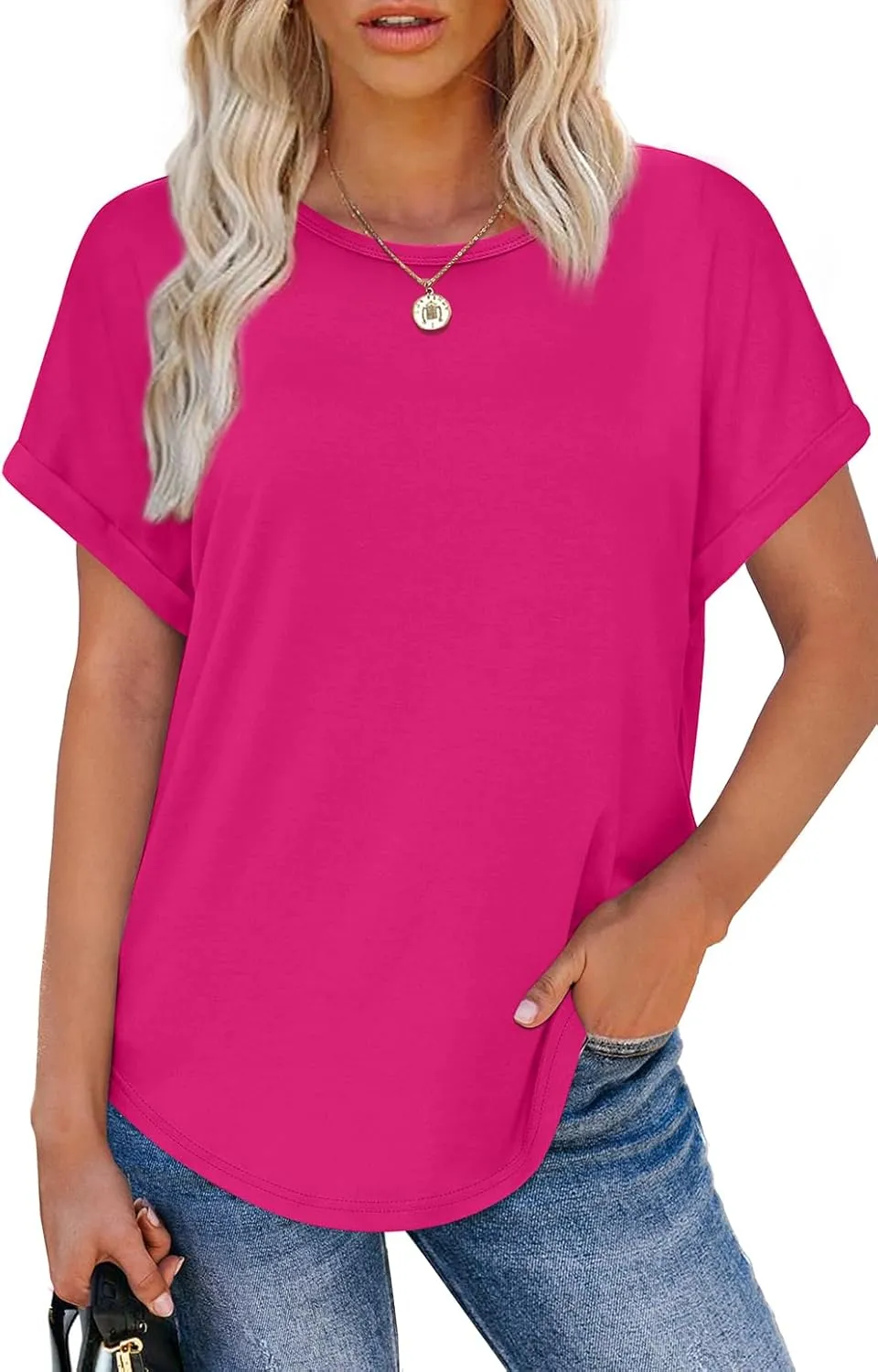 WEESO Womens T Shirts Crew Neck Rolled Short Sleeve Basic Summer Tops 2025 Casual Tees Curved Hem