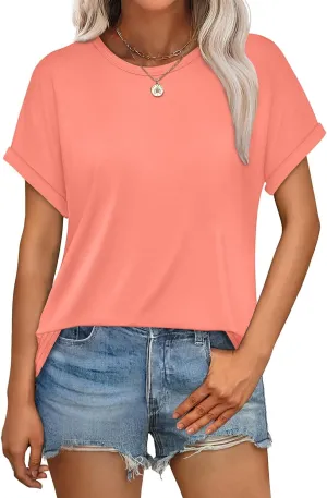 WEESO Womens T Shirts Crew Neck Rolled Short Sleeve Basic Summer Tops 2025 Casual Tees Curved Hem