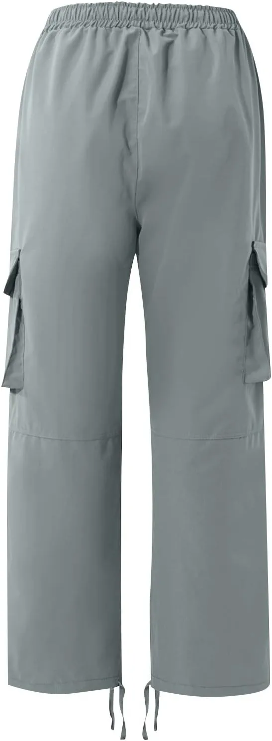 WENKOMG1 Mens Cotton Cargo Pants,Solid Elastic Waist Straight Leg Slacks Drawstring Trousers Slim Fit Bottoms for Men