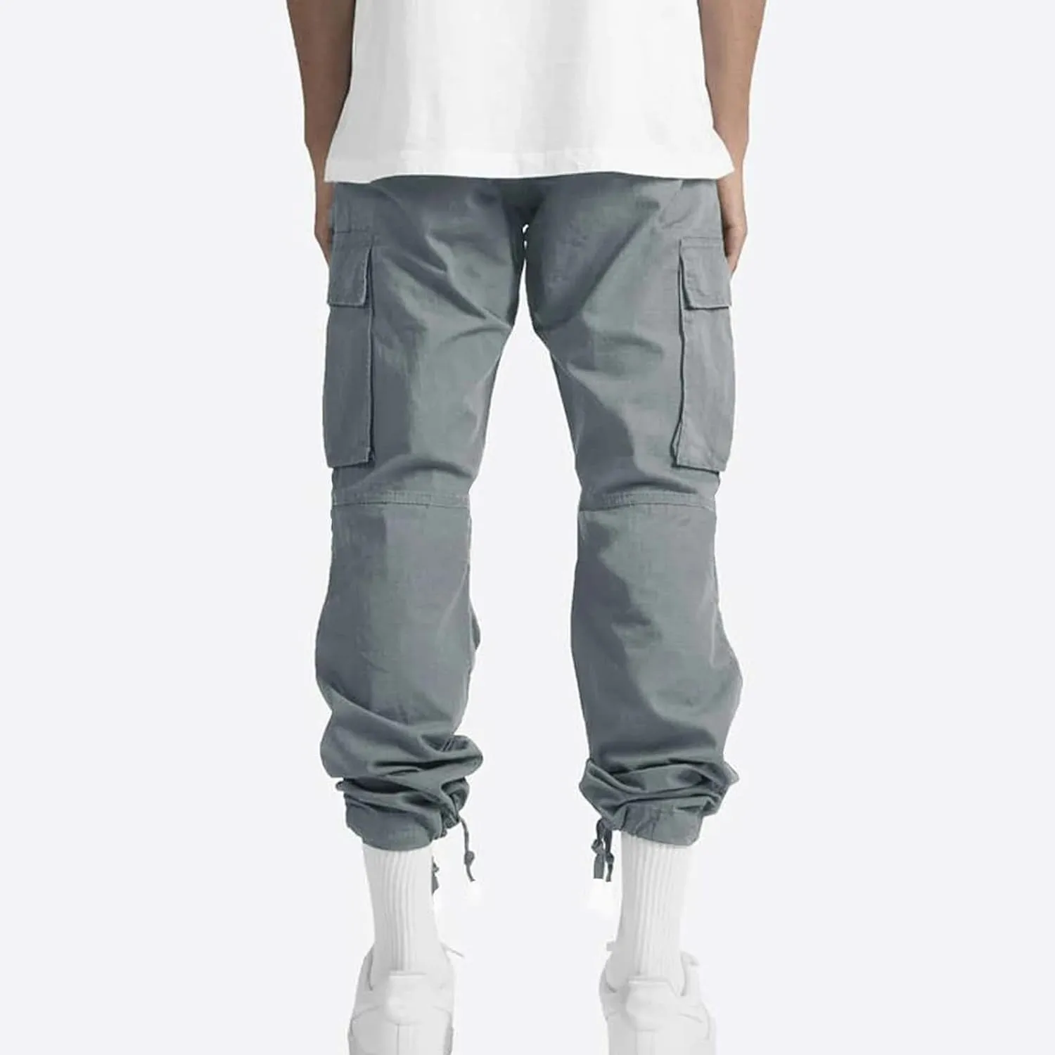 WENKOMG1 Mens Cotton Cargo Pants,Solid Elastic Waist Straight Leg Slacks Drawstring Trousers Slim Fit Bottoms for Men