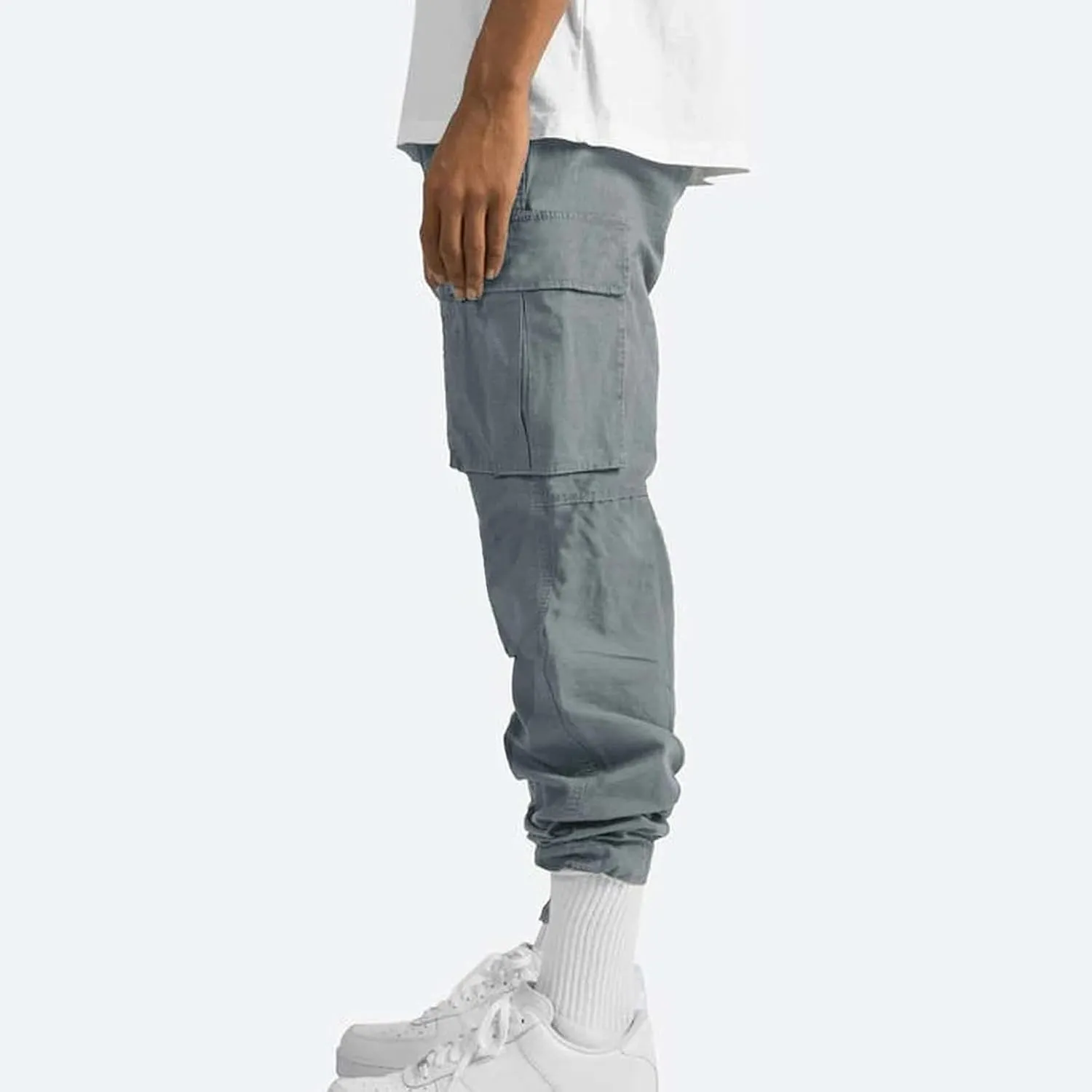 WENKOMG1 Mens Cotton Cargo Pants,Solid Elastic Waist Straight Leg Slacks Drawstring Trousers Slim Fit Bottoms for Men