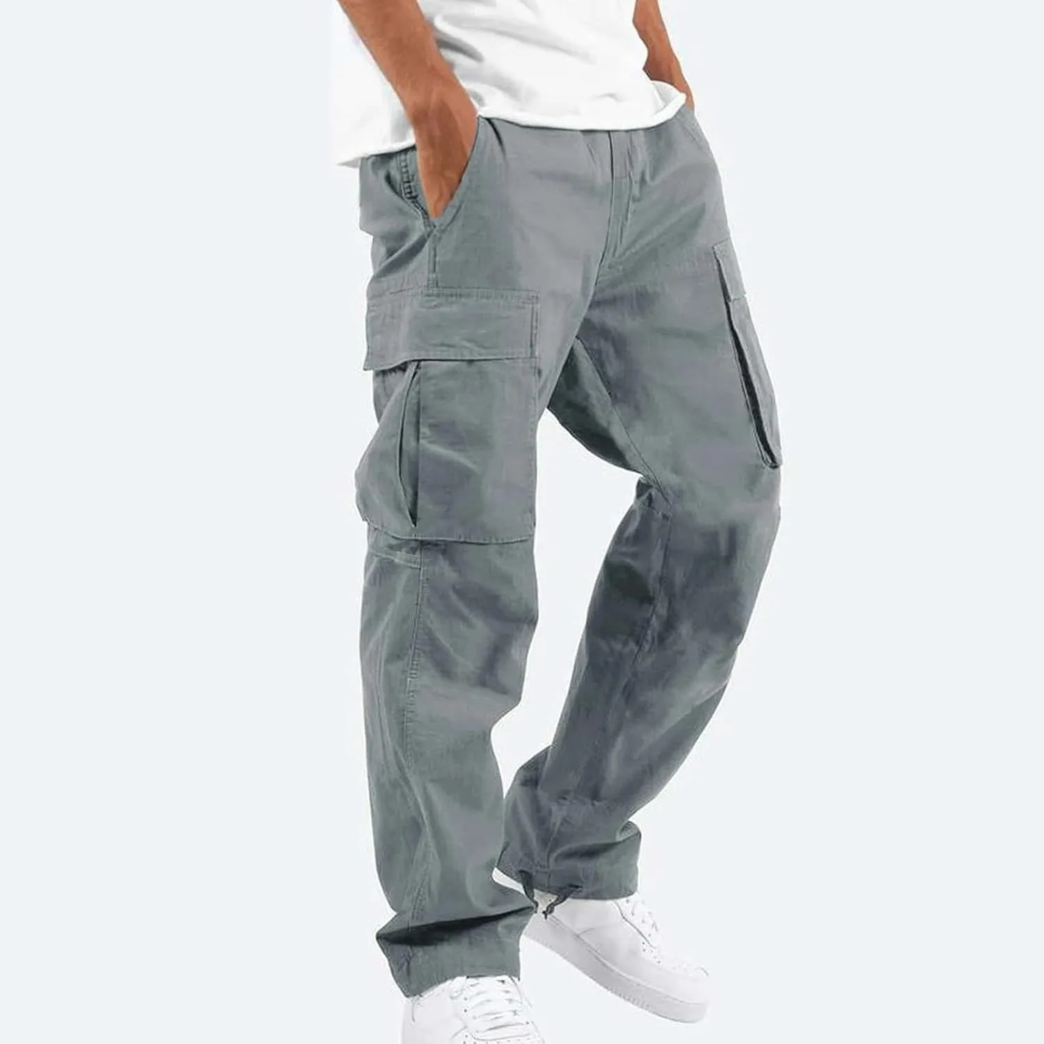 WENKOMG1 Mens Cotton Cargo Pants,Solid Elastic Waist Straight Leg Slacks Drawstring Trousers Slim Fit Bottoms for Men