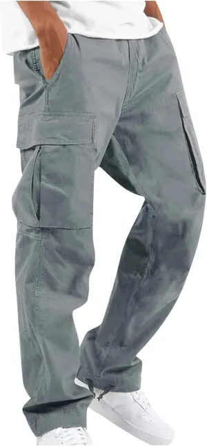 WENKOMG1 Mens Cotton Cargo Pants,Solid Elastic Waist Straight Leg Slacks Drawstring Trousers Slim Fit Bottoms for Men