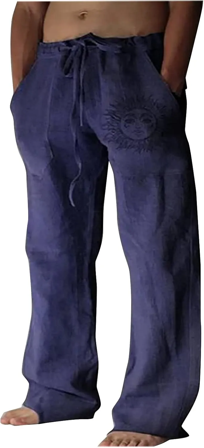 WENKOMG1 Mens Cotton Linen Pants,Wide Leg Drawstring Closure Pull On Trousers Loose Fit Baggy Lounge Wide Leg Bottoms