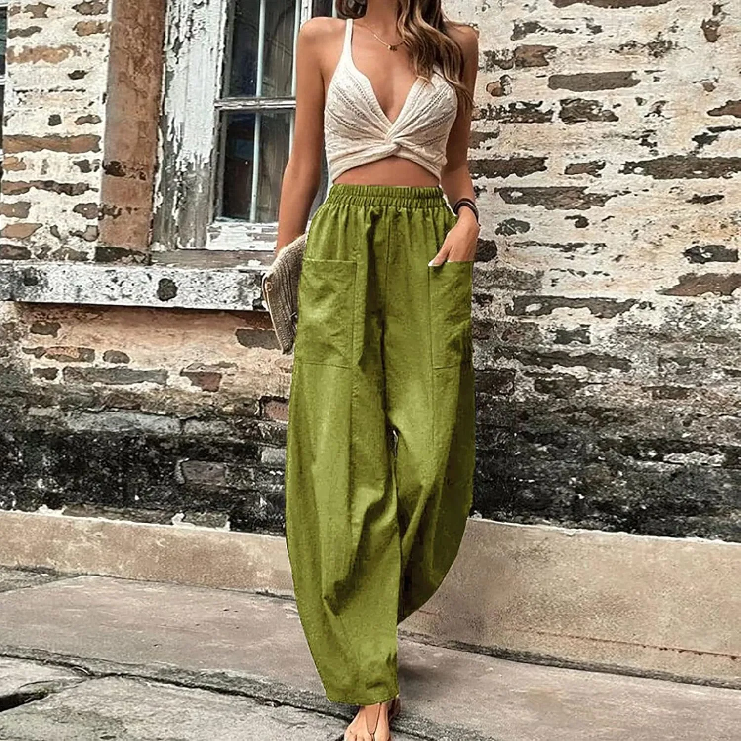 Wide Leg Pants Womens Casual Solid Sweatpants Straight Wide Leg Loose Trousers Elastic Belt Joggers with Pocket