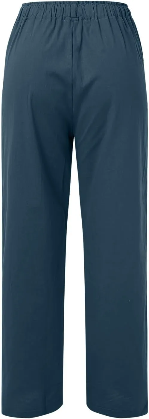 Wide Pants Waist Long Drawstring Casual Linen Elastic Women Leg Solid Cotton Pants Wide Legs Pants for Women