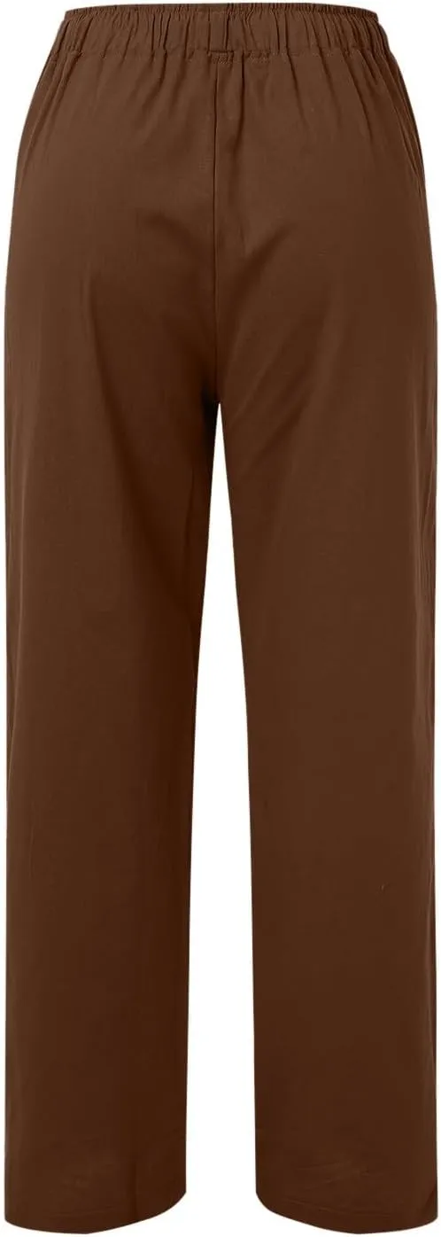 Wide Pants Waist Long Drawstring Casual Linen Elastic Women Leg Solid Cotton Pants Wide Legs Pants for Women
