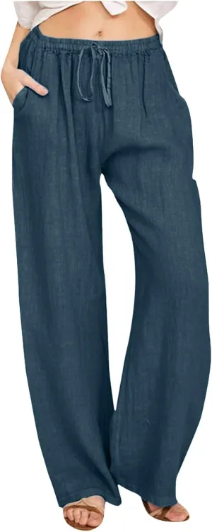Wide Pants Waist Long Drawstring Casual Linen Elastic Women Leg Solid Cotton Pants Wide Legs Pants for Women