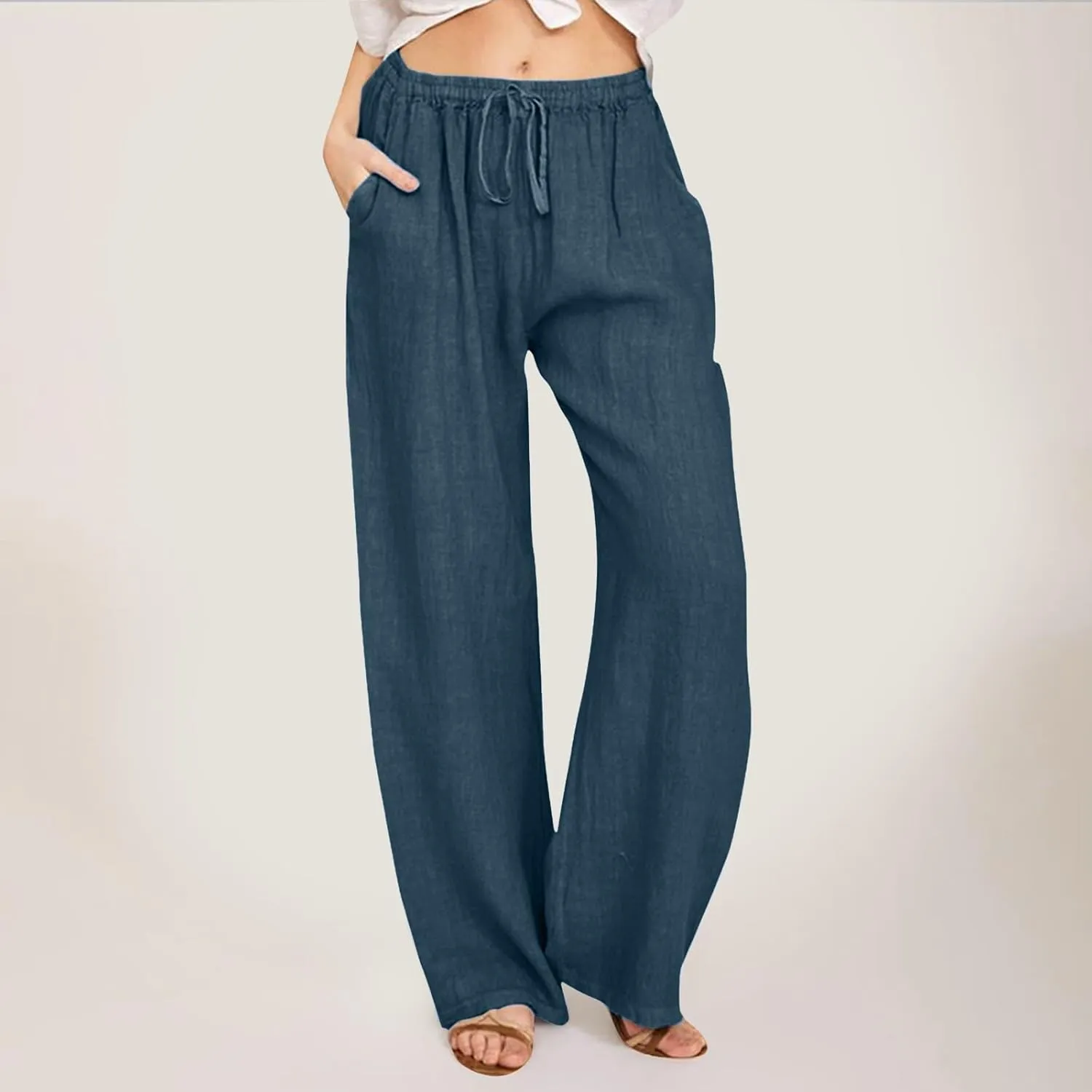 Wide Pants Waist Long Drawstring Casual Linen Elastic Women Leg Solid Cotton Pants Wide Legs Pants for Women