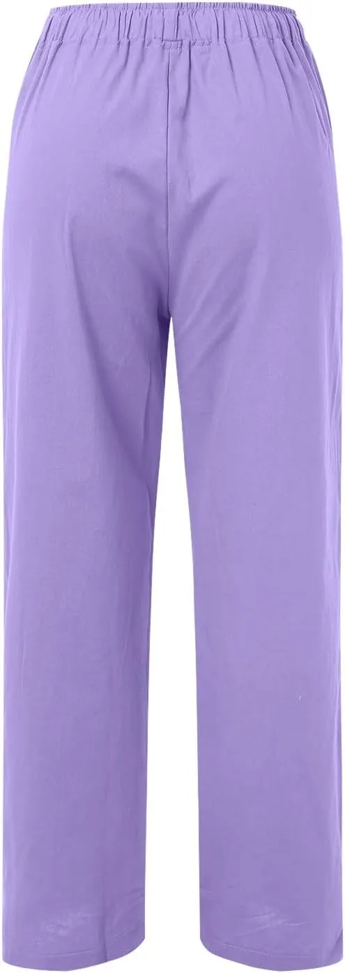Wide Pants Waist Long Drawstring Casual Linen Elastic Women Leg Solid Cotton Pants Wide Legs Pants for Women