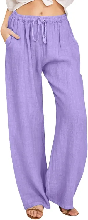 Wide Pants Waist Long Drawstring Casual Linen Elastic Women Leg Solid Cotton Pants Wide Legs Pants for Women