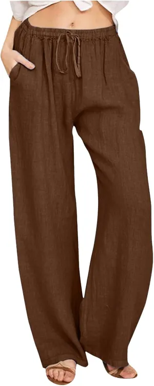 Wide Pants Waist Long Drawstring Casual Linen Elastic Women Leg Solid Cotton Pants Wide Legs Pants for Women