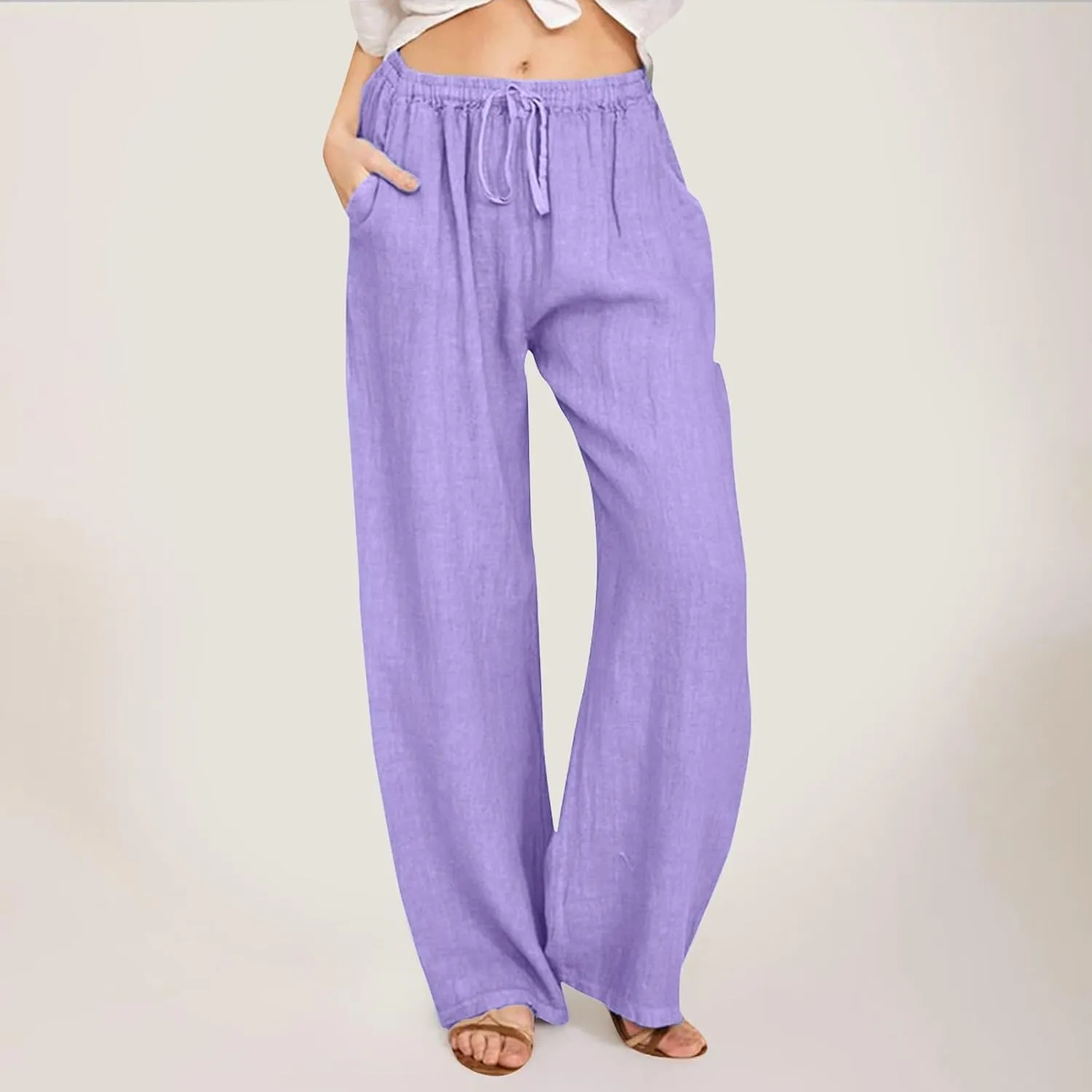 Wide Pants Waist Long Drawstring Casual Linen Elastic Women Leg Solid Cotton Pants Wide Legs Pants for Women