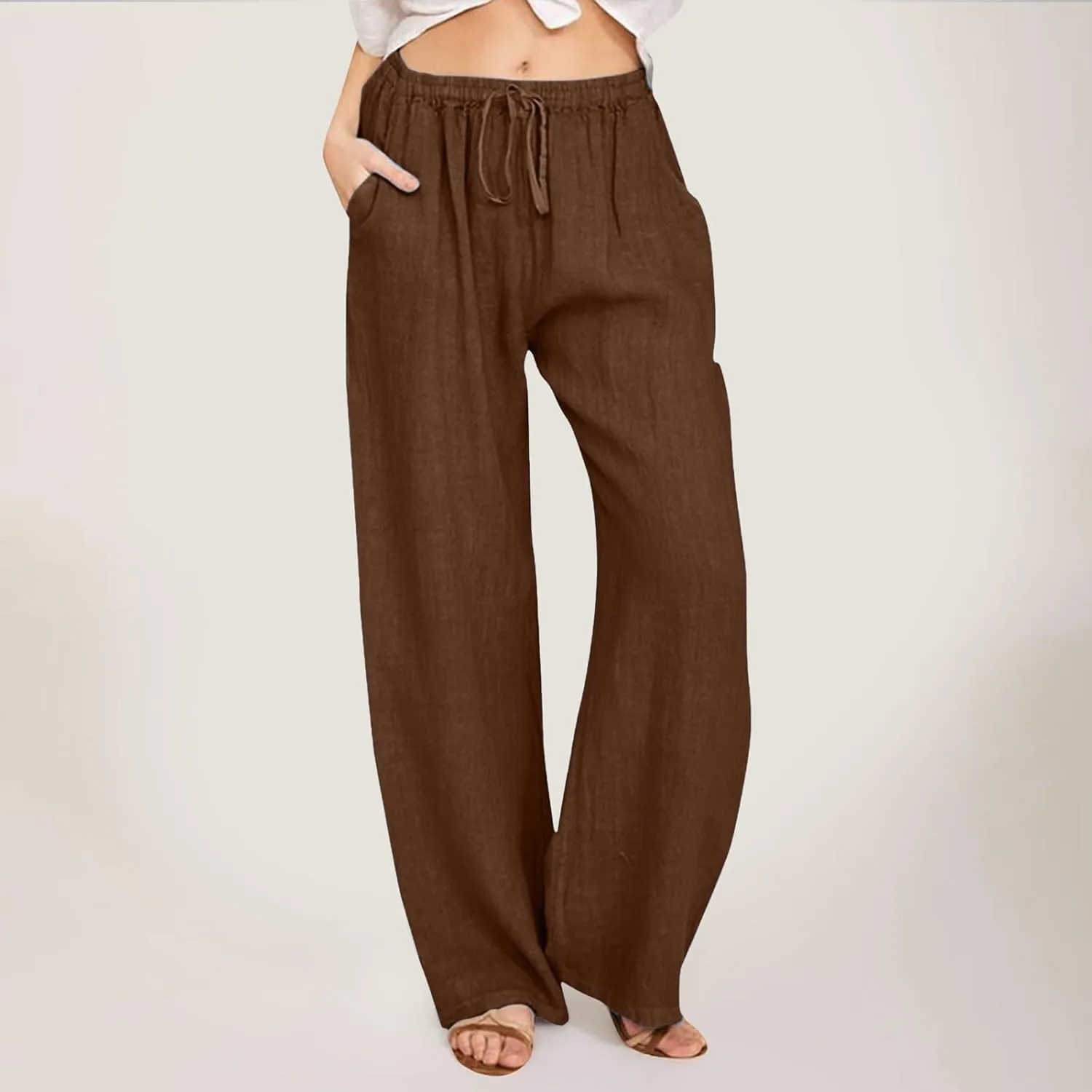 Wide Pants Waist Long Drawstring Casual Linen Elastic Women Leg Solid Cotton Pants Wide Legs Pants for Women