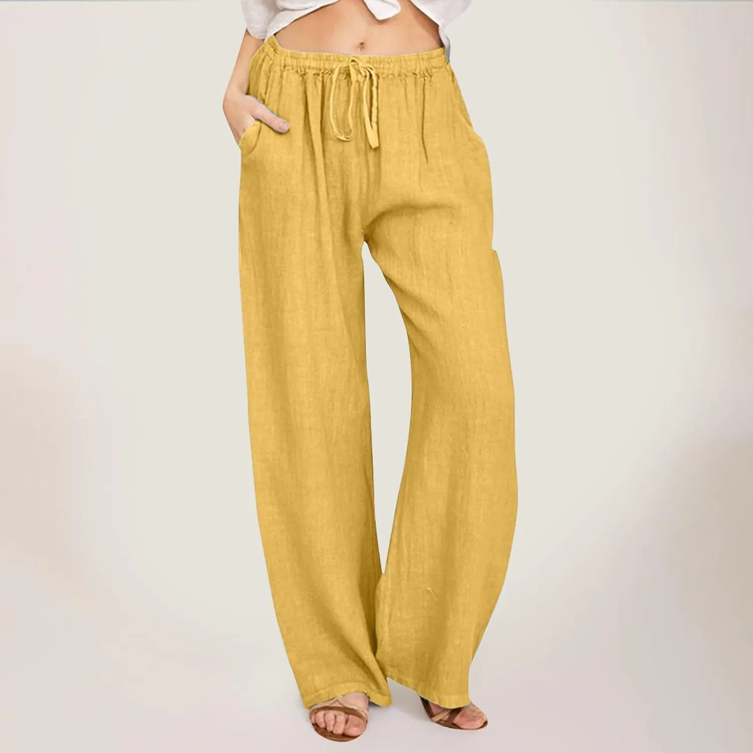 Wide Pants Waist Long Drawstring Casual Linen Elastic Women Leg Solid Cotton Pants Wide Legs Pants for Women