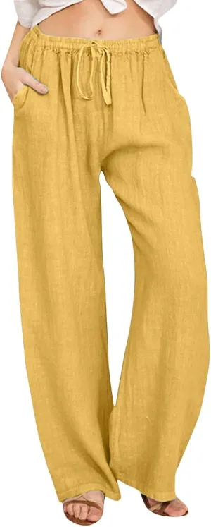 Wide Pants Waist Long Drawstring Casual Linen Elastic Women Leg Solid Cotton Pants Wide Legs Pants for Women