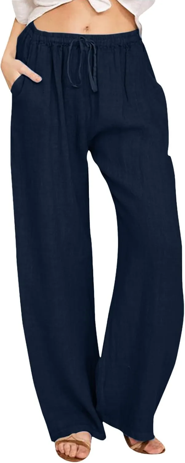 Wide Pants Waist Long Drawstring Casual Linen Elastic Women Linen Leg Solid Cotton Pants Sweatpants Women Linen Work