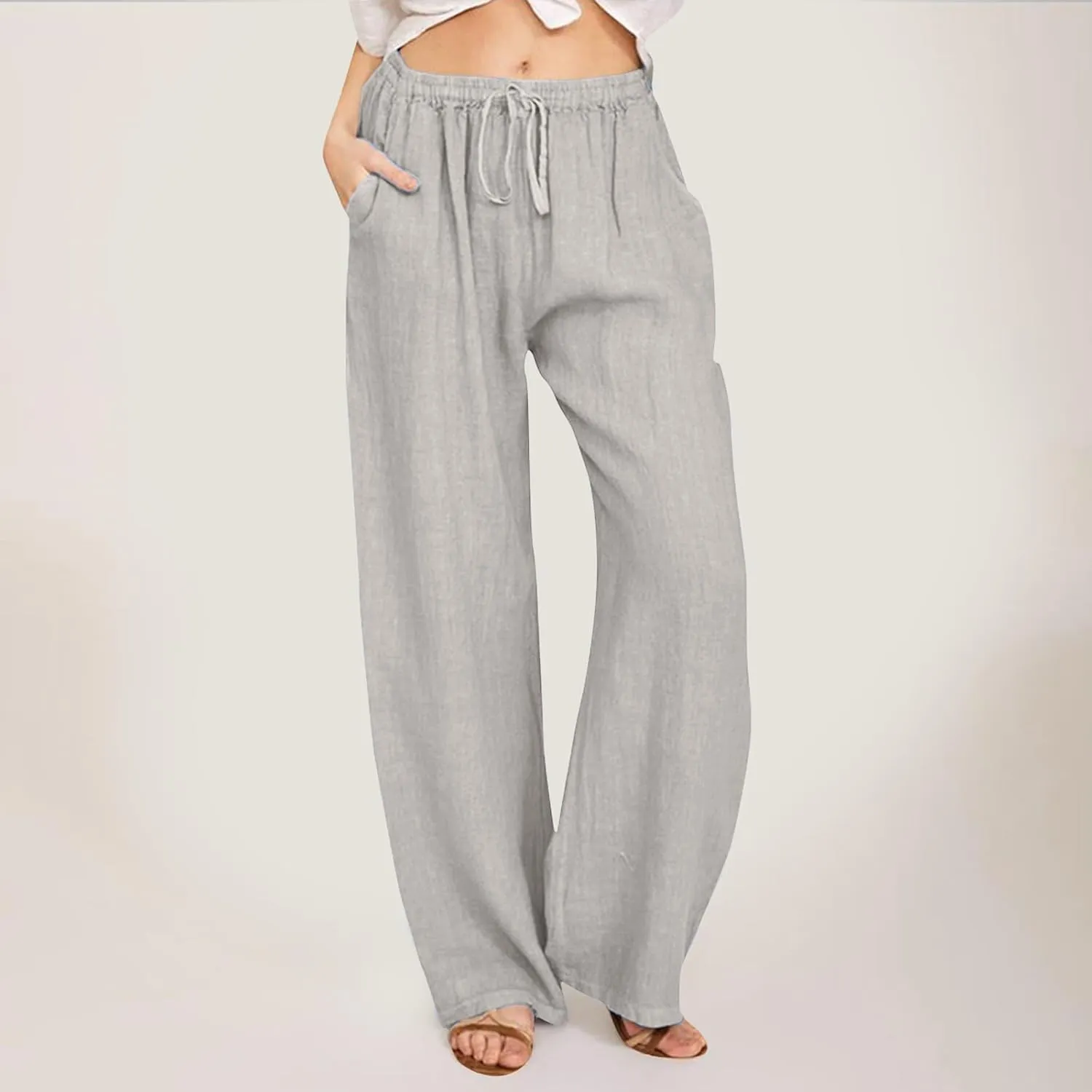 Wide Pants Waist Long Drawstring Casual Linen Elastic Women Linen Leg Solid Cotton Pants Sweatpants Women Linen Work