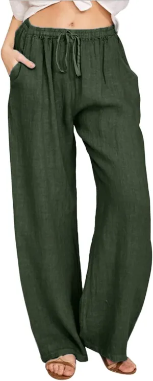 Wide Pants Waist Long Drawstring Casual Linen Elastic Women Linen Leg Solid Cotton Pants Sweatpants Women Linen Work