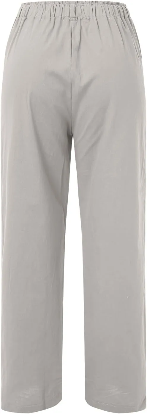 Wide Pants Waist Long Drawstring Casual Linen Elastic Women Linen Leg Solid Cotton Pants Sweatpants Women Linen Work