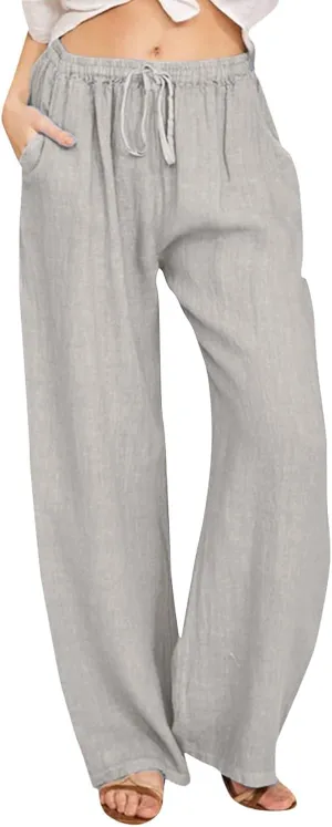 Wide Pants Waist Long Drawstring Casual Linen Elastic Women Linen Leg Solid Cotton Pants Sweatpants Women Linen Work