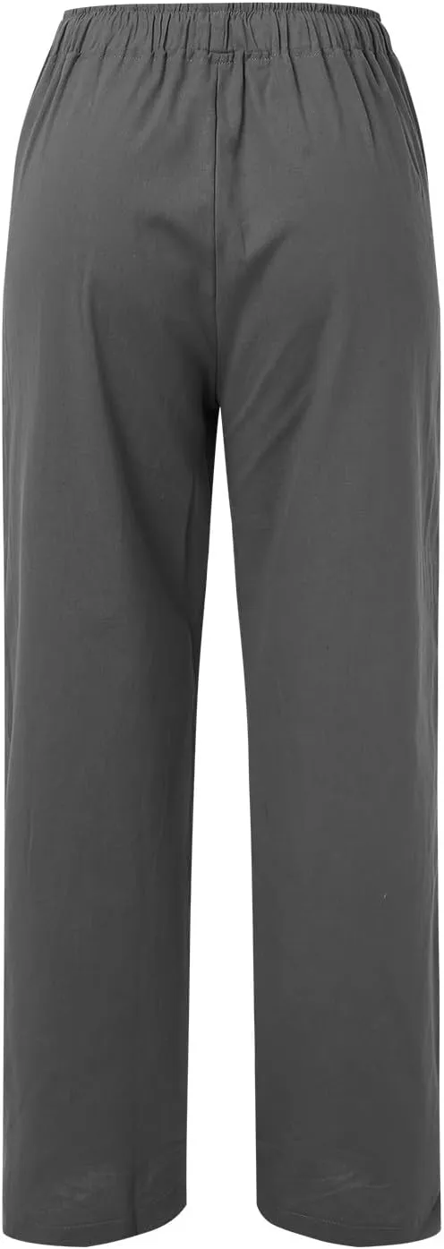 Wide Pants Waist Long Drawstring Casual Linen Elastic Women Linen Leg Solid Cotton Pants Sweatpants Women Linen Work