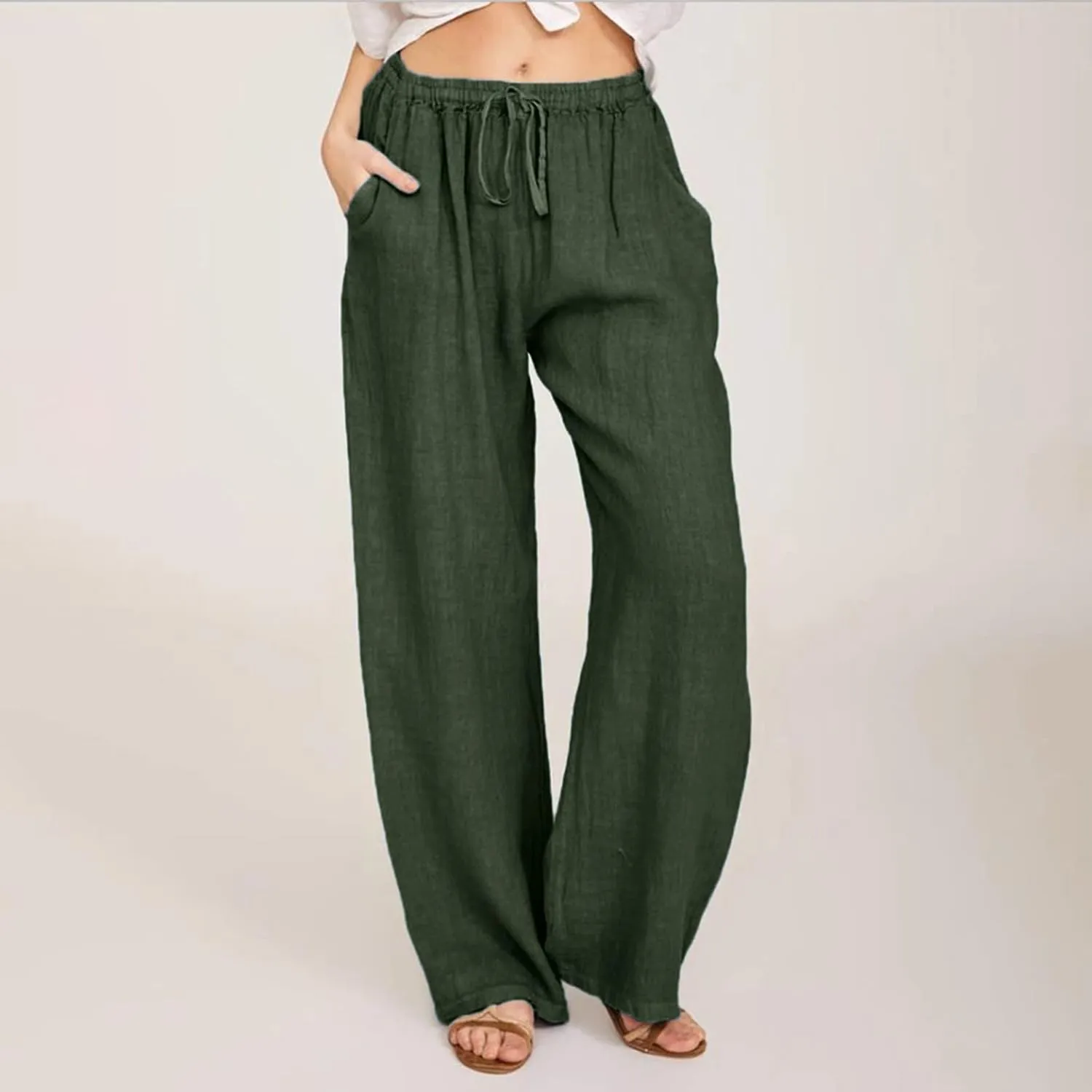 Wide Pants Waist Long Drawstring Casual Linen Elastic Women Linen Leg Solid Cotton Pants Sweatpants Women Linen Work