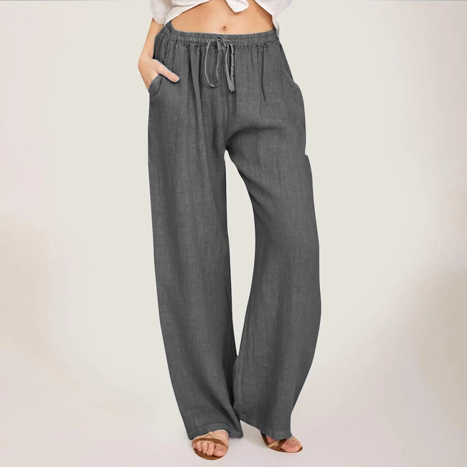 Wide Pants Waist Long Drawstring Casual Linen Elastic Women Linen Leg Solid Cotton Pants Sweatpants Women Linen Work