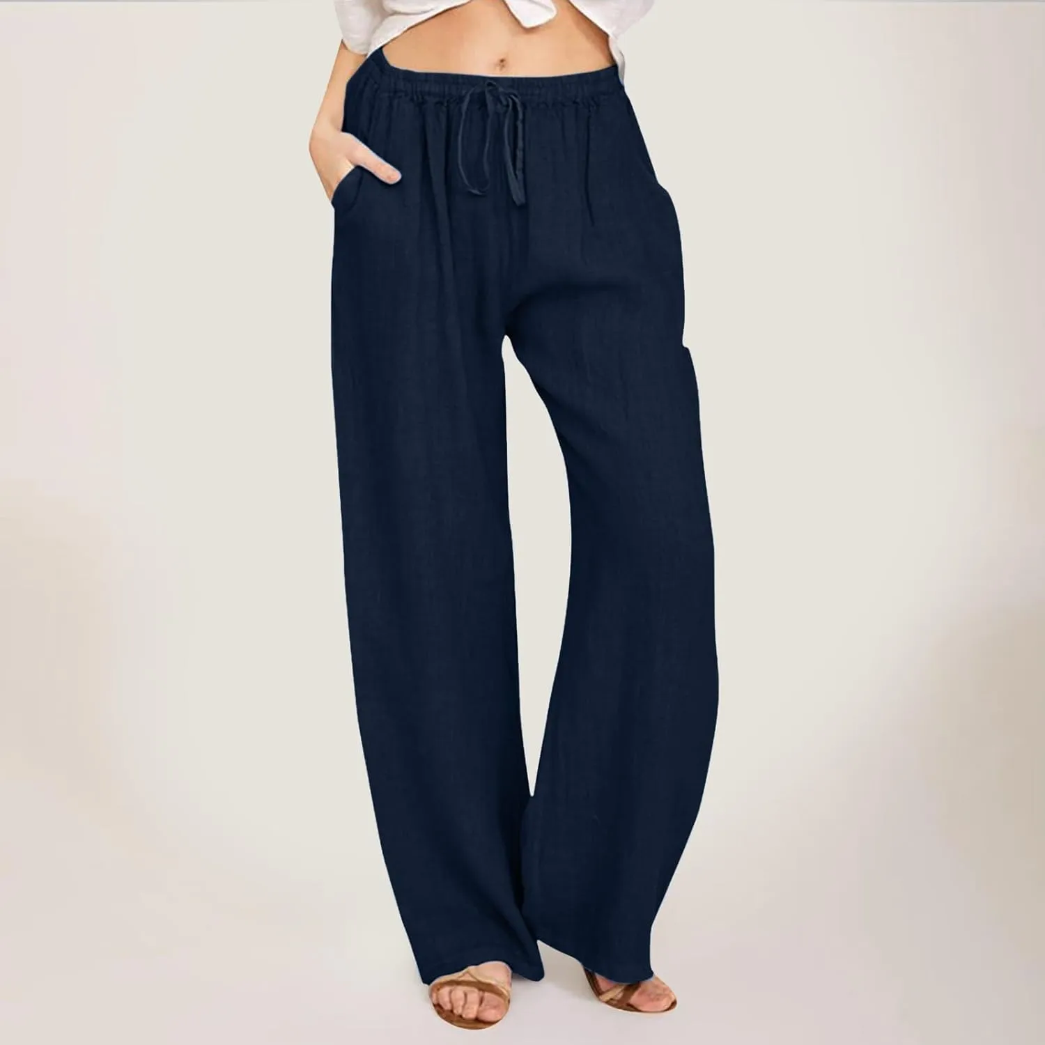 Wide Pants Waist Long Drawstring Casual Linen Elastic Women Linen Leg Solid Cotton Pants Sweatpants Women Linen Work