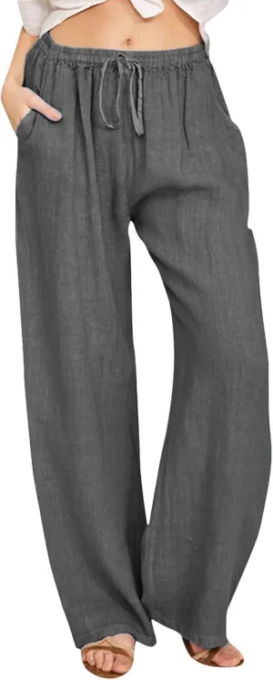 Wide Pants Waist Long Drawstring Casual Linen Elastic Women Linen Leg Solid Cotton Pants Sweatpants Women Linen Work