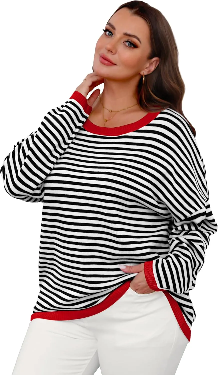 WIHOLL Womens Sweaters Dressy Casual Long Sleeve Tops Round Neck Striped Fashion