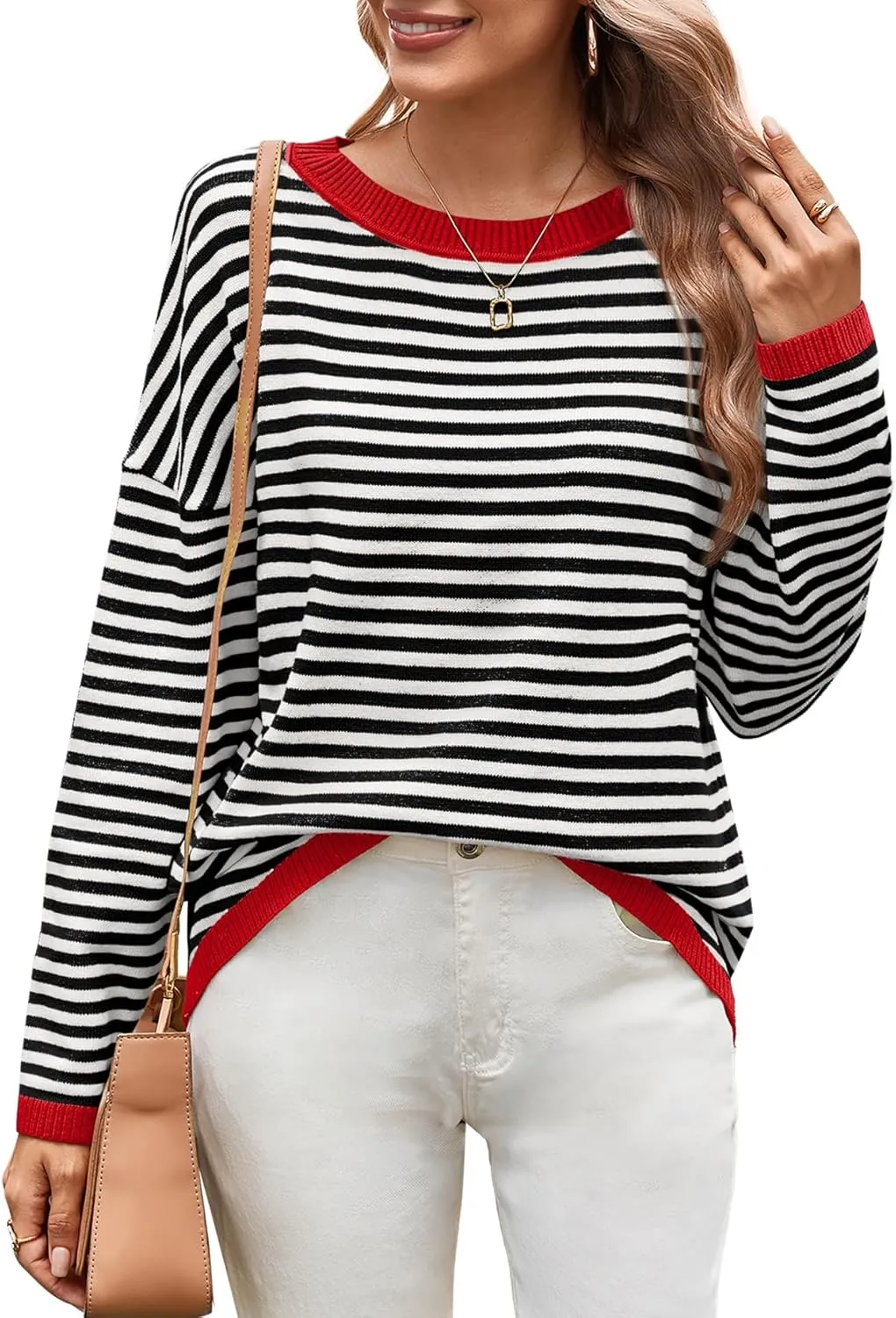 WIHOLL Womens Sweaters Dressy Casual Long Sleeve Tops Round Neck Striped Fashion