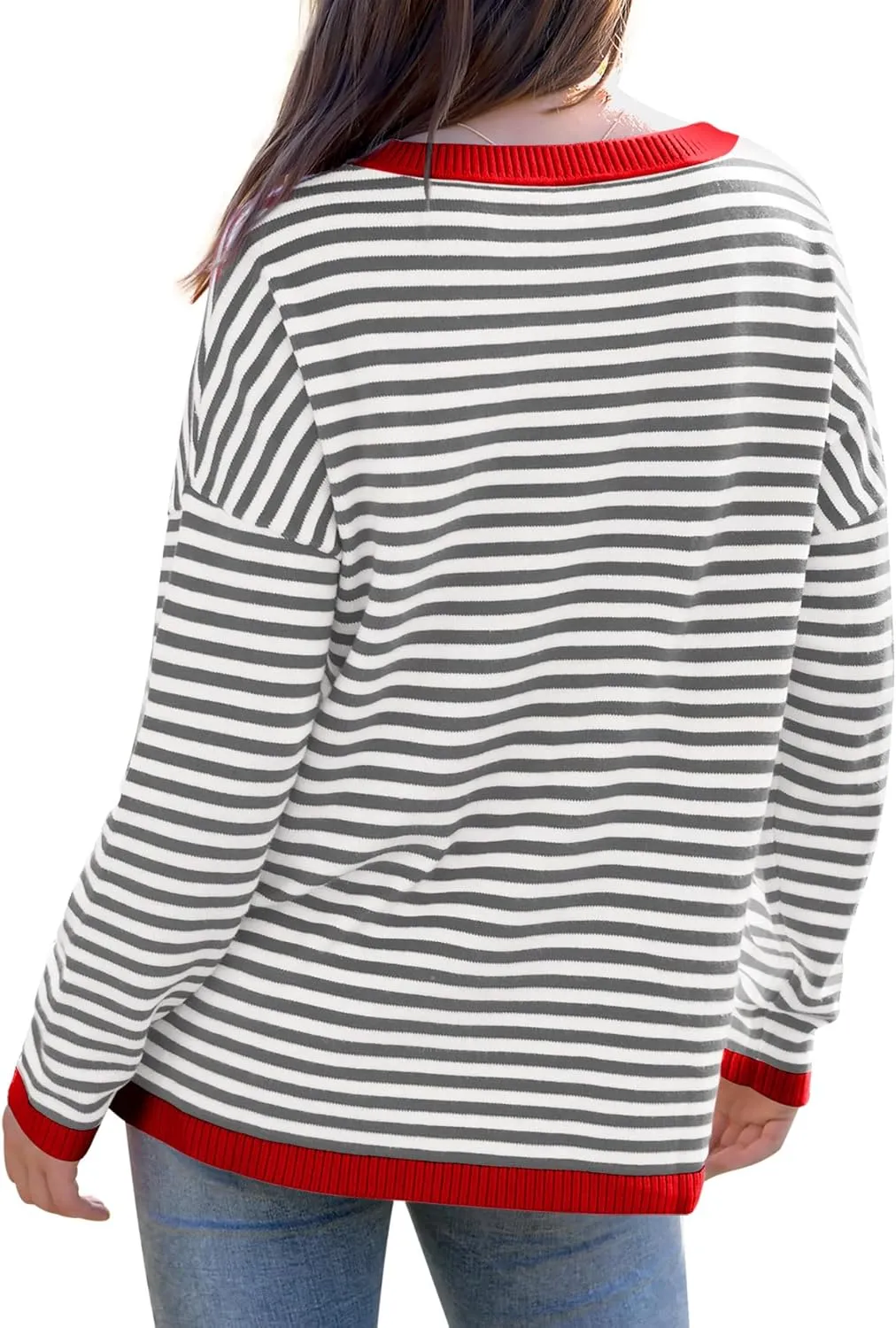WIHOLL Womens Sweaters Dressy Casual Long Sleeve Tops Round Neck Striped Fashion