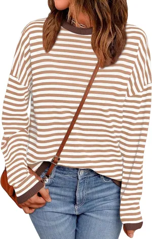 WIHOLL Womens Sweaters Dressy Casual Long Sleeve Tops Round Neck Striped Fashion