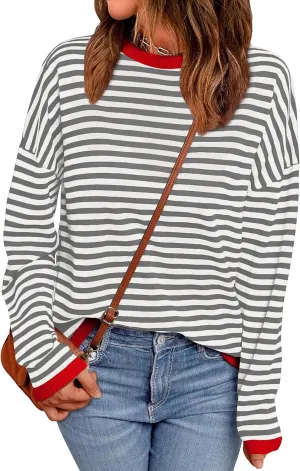 WIHOLL Womens Sweaters Dressy Casual Long Sleeve Tops Round Neck Striped Fashion