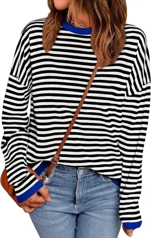 WIHOLL Womens Sweaters Dressy Casual Long Sleeve Tops Round Neck Striped Fashion