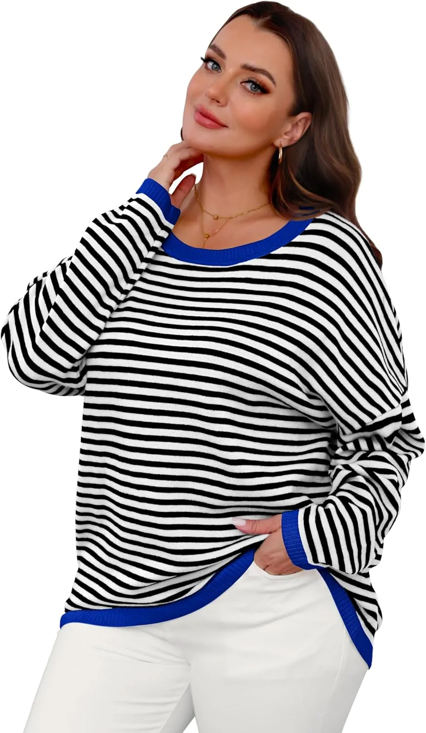 WIHOLL Womens Sweaters Dressy Casual Long Sleeve Tops Round Neck Striped Fashion
