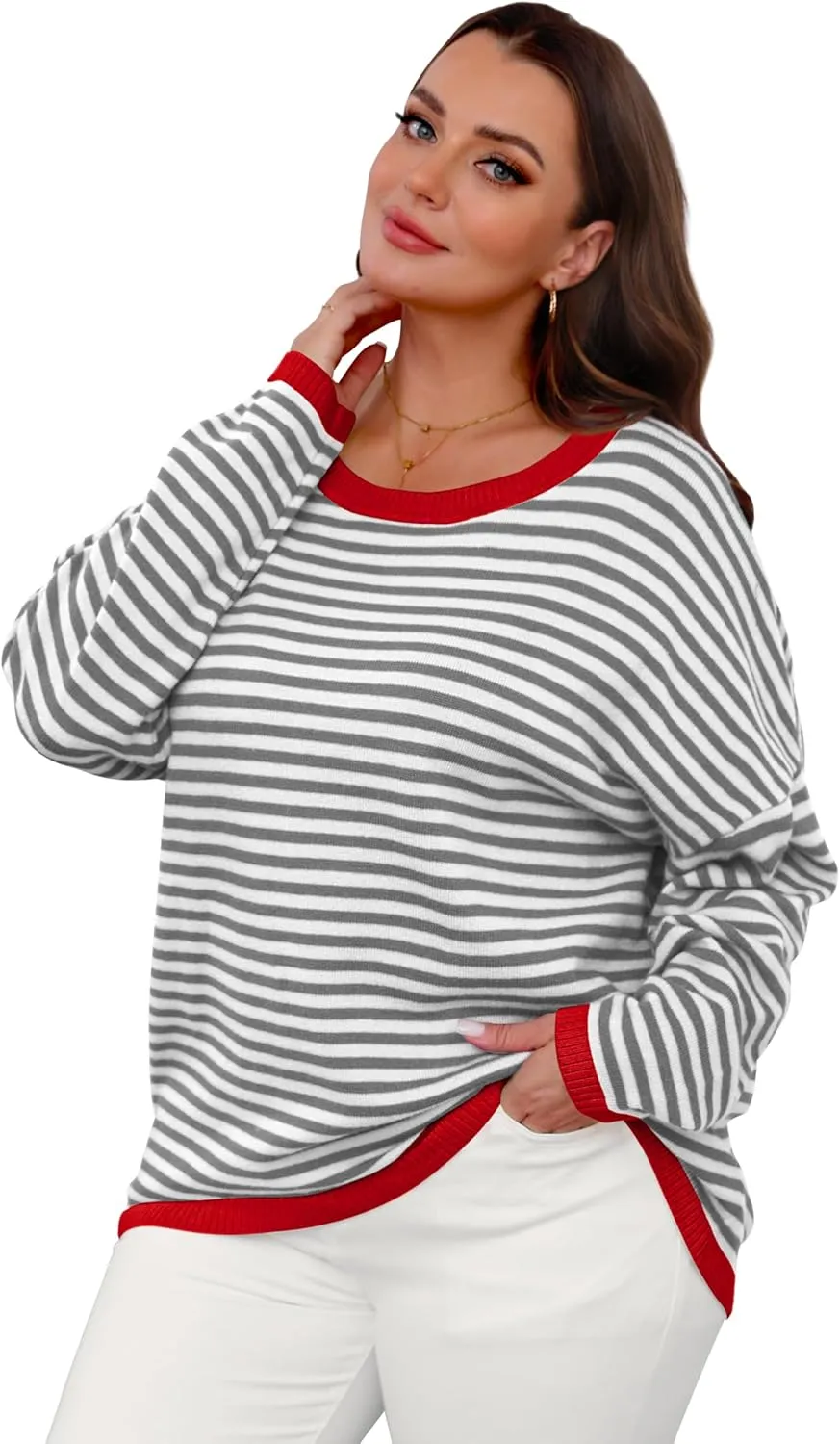 WIHOLL Womens Sweaters Dressy Casual Long Sleeve Tops Round Neck Striped Fashion