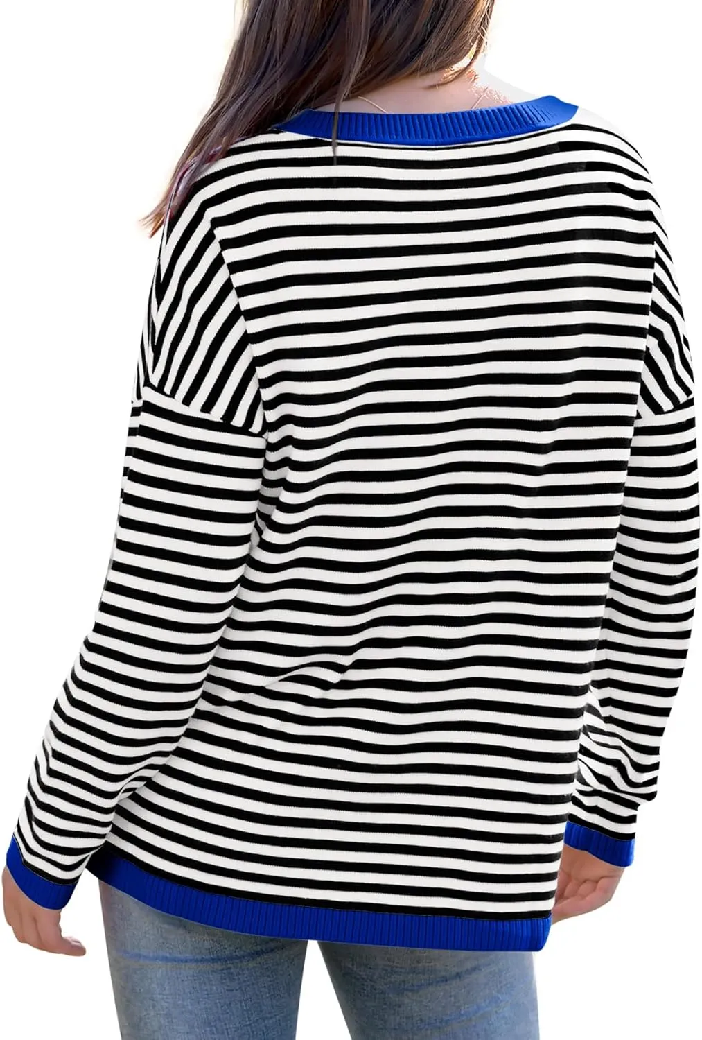 WIHOLL Womens Sweaters Dressy Casual Long Sleeve Tops Round Neck Striped Fashion