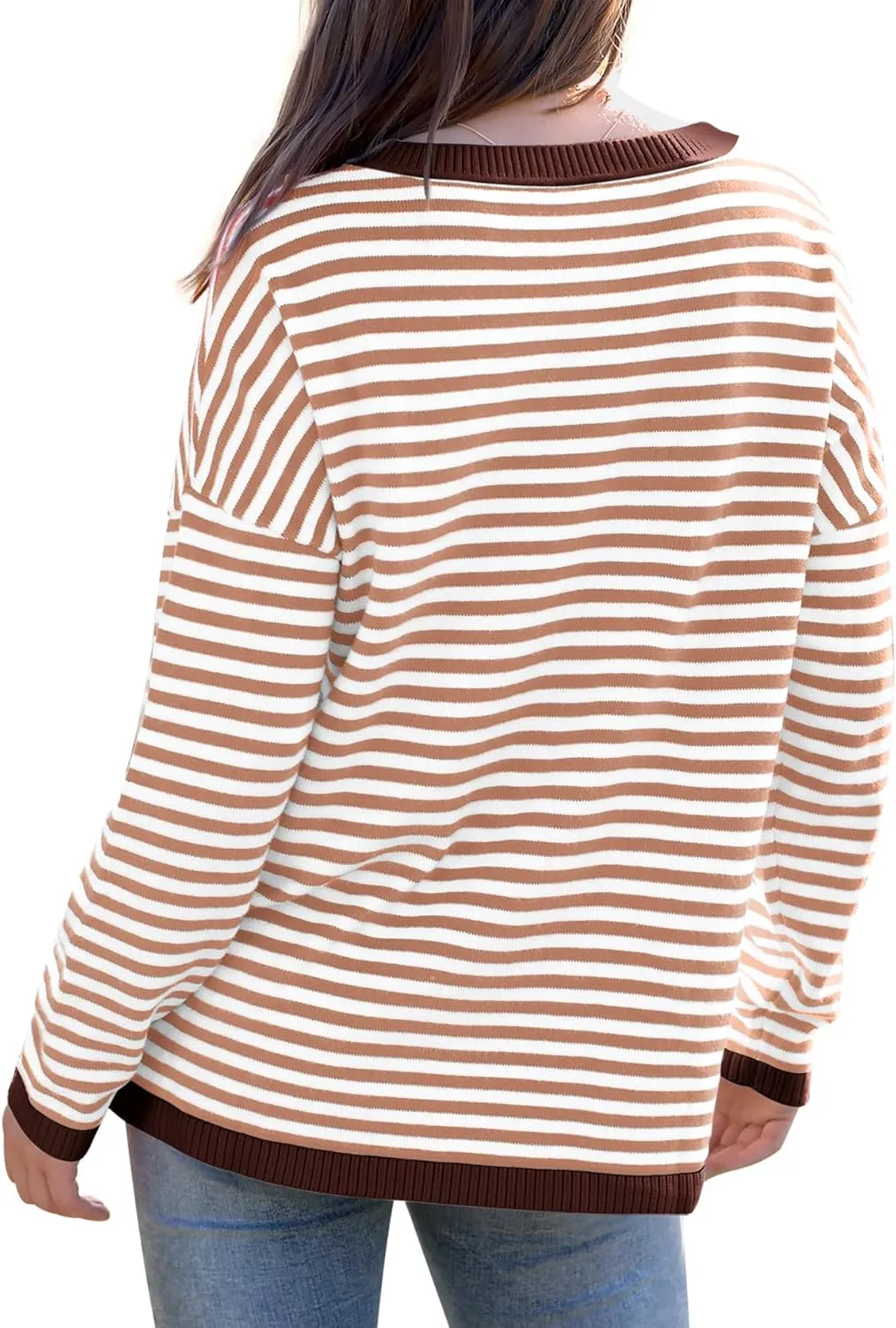 WIHOLL Womens Sweaters Dressy Casual Long Sleeve Tops Round Neck Striped Fashion