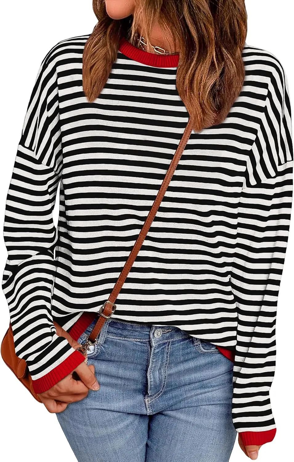 WIHOLL Womens Sweaters Dressy Casual Long Sleeve Tops Round Neck Striped Fashion