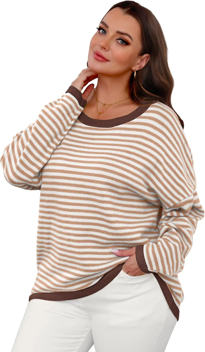 WIHOLL Womens Sweaters Dressy Casual Long Sleeve Tops Round Neck Striped Fashion