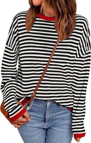 WIHOLL Womens Sweaters Dressy Casual Long Sleeve Tops Round Neck Striped Fashion