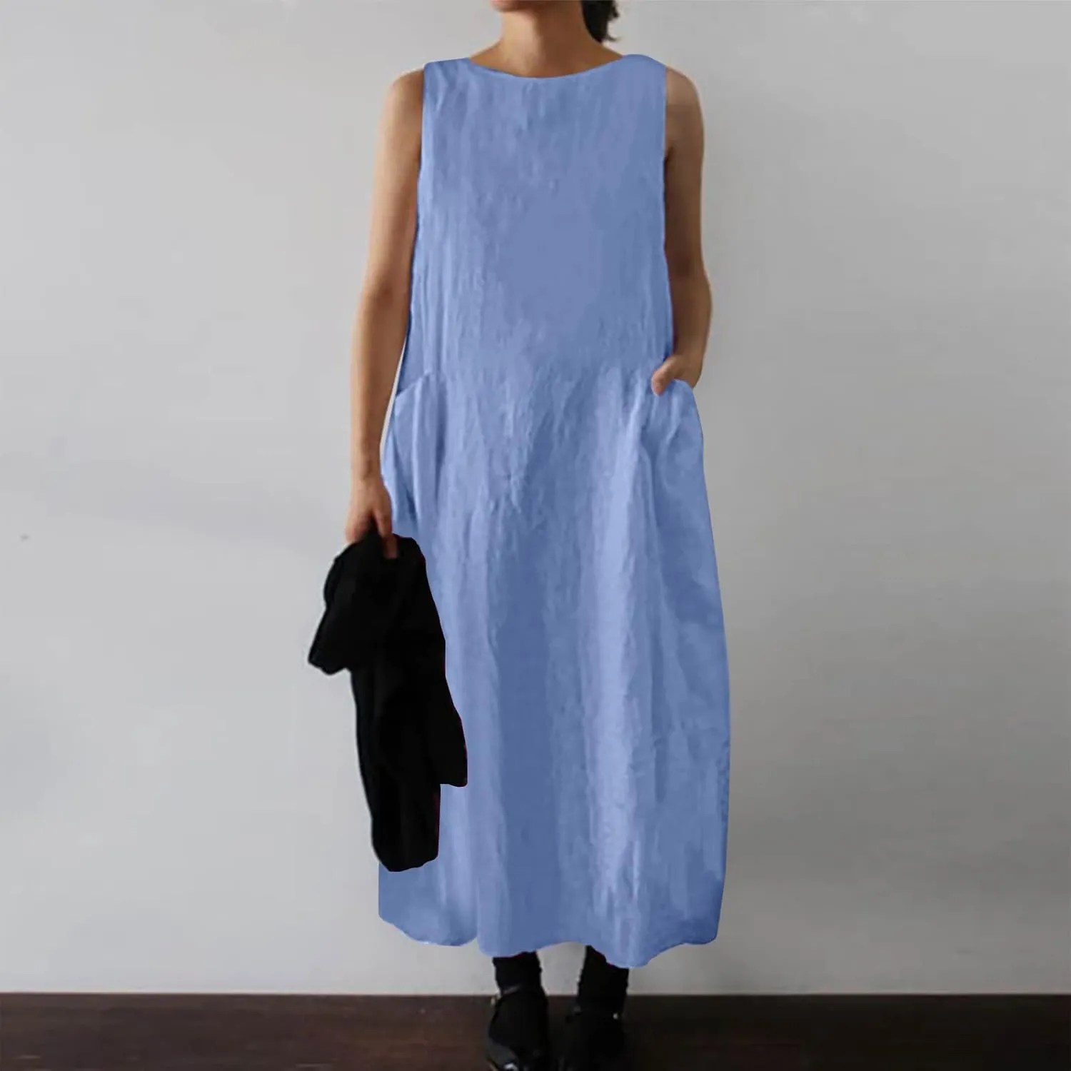 Women Basic Cotton Linen Tank Dress Summer Sleeveless Crewneck T-Shirt Dresses Casual Maxi Beach Dress with Pockets