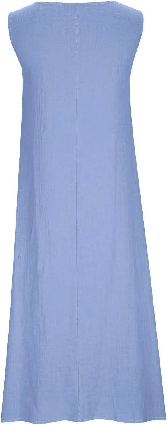 Women Basic Cotton Linen Tank Dress Summer Sleeveless Crewneck T-Shirt Dresses Casual Maxi Beach Dress with Pockets