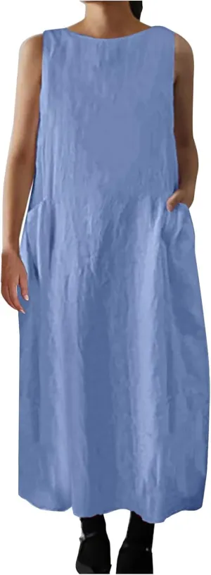 Women Basic Cotton Linen Tank Dress Summer Sleeveless Crewneck T-Shirt Dresses Casual Maxi Beach Dress with Pockets