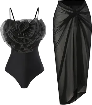 Women Big Flowers 1Piece Swimwear 1 Piece Cover UP Two Piece Vintage Print Swimsuit Monokini High Waist Thong