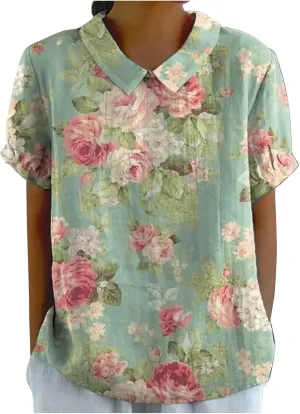 Women Cotton Linen Tops Summer Floral Print Casual Boho Short Sleeve Lapel T Shirt Loose Dressy Blouse Tunic 2025