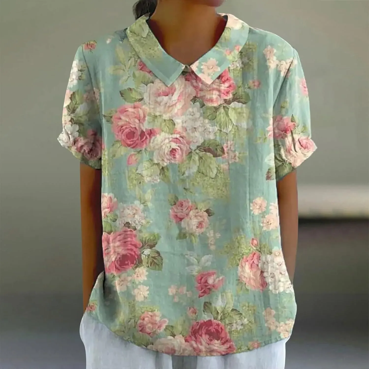 Women Cotton Linen Tops Summer Floral Print Casual Boho Short Sleeve Lapel T Shirt Loose Dressy Blouse Tunic 2025
